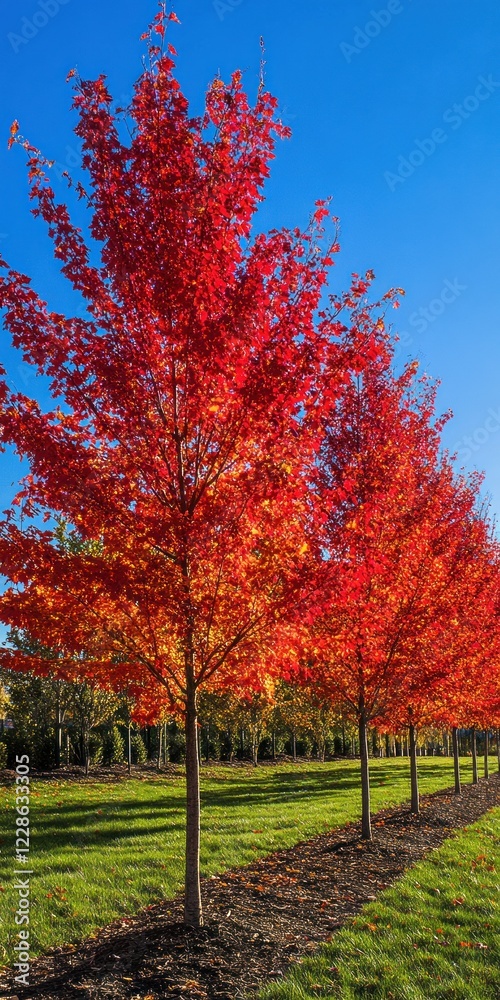 Naklejka premium Vibrant Red Maple Trees Autumn Landscape Row