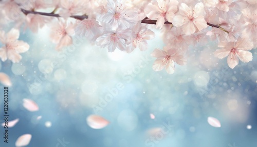 淡いキラキラ青色ぼかし背景に花びらが舞い散る美しい桜の花のフレーム  3DCGイラスト