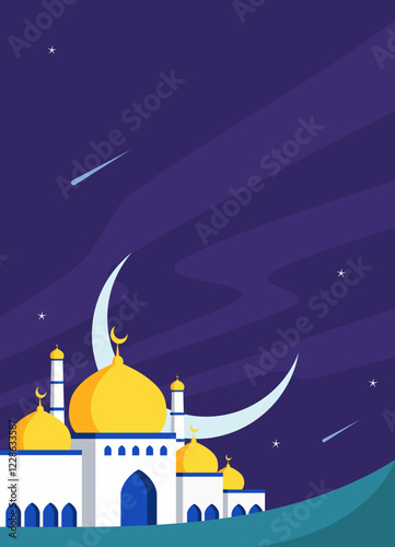 illustration of simple mosque at night background, with copy space for islamic greeting