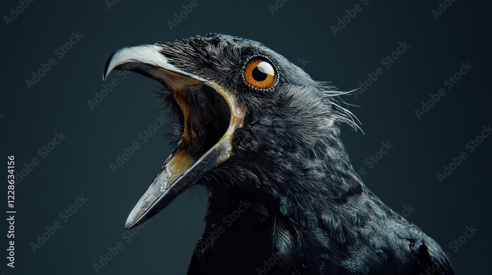 Fototapeta premium Close-up of a black bird with open beak, showing detail of feathers and eyes against a dark background.