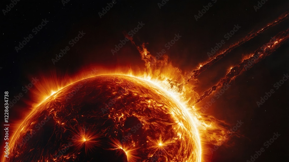 Fototapeta premium fire, light, sun, flame, star, space, explosion, orange, energy, design, heat, burn, hot, red, solar, burning, shine, glow, illustration, animation, texture, bright, black, planet, flames