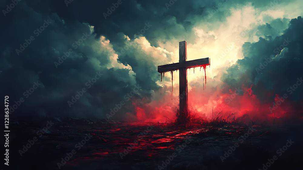 Fototapeta premium Jesus' vital fluid flowing down the cross, the red drops glistening against the weathered wood, the sky filled with storm clouds and occasional lightning, cinematic depth,