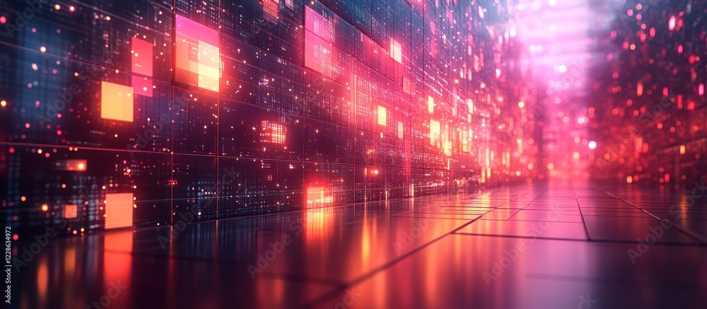 Fototapeta premium Futuristic glowing digital corridor with vibrant red and orange lights reflecting on a shiny floor.