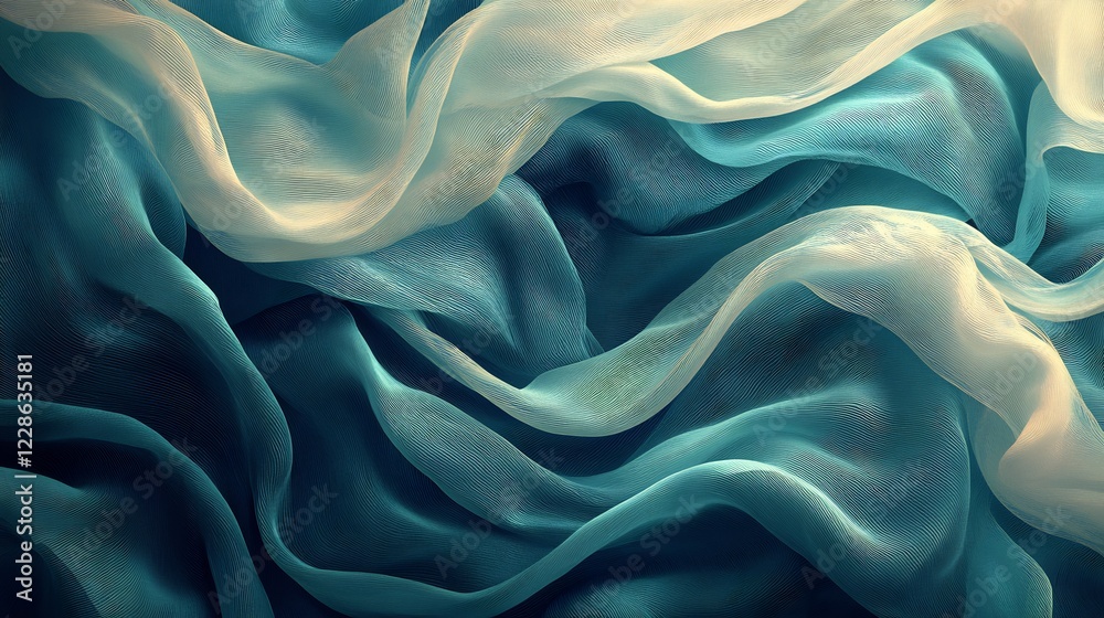 Obraz premium Soft blue silk fabric elegantly drapes creating a calming serene mood with warm light accents. AI Generated