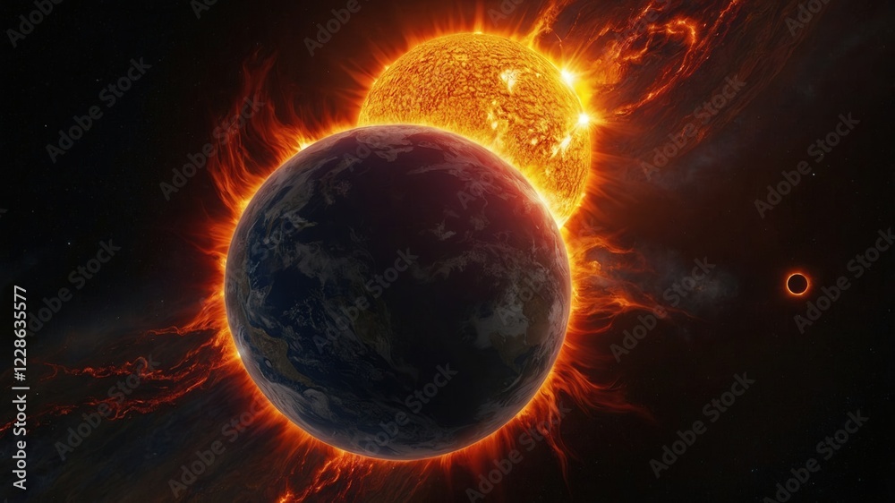 Naklejka premium planet, sun, space, earth, solar, star, light, astronomy, globe, fire, abstract, universe, red, world, eclipse, moon, blue, galaxy, night, science, illustration, glow, hot, energy, heat
