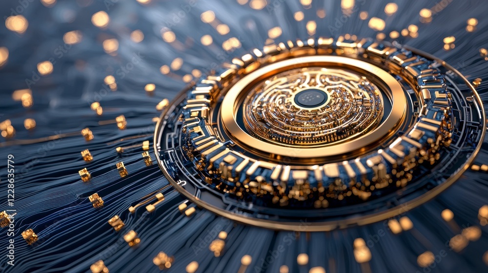 Fototapeta premium Intricate Golden Mechanism: Abstract Digital Art of Technological Innovation and Complex Systems