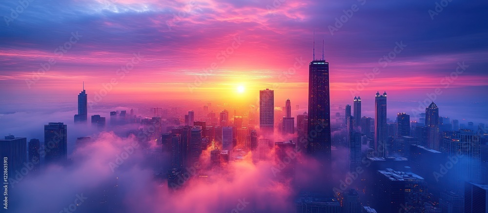 Fototapeta premium Vibrant sunrise over a city shrouded in fog.