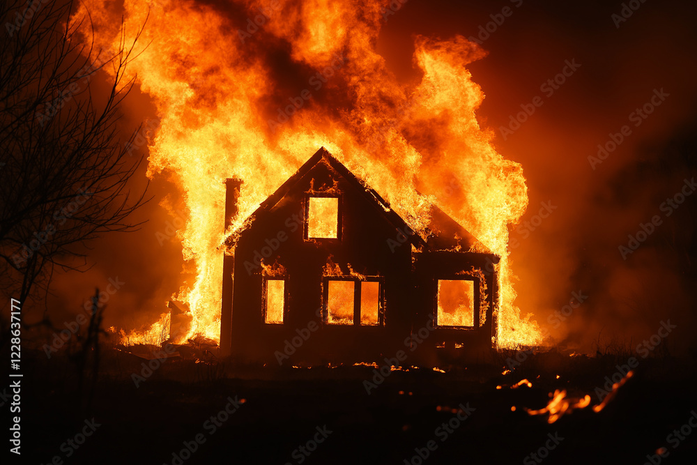 house engulfed in flames, showcasing dramatic fire scene in rural area. intense blaze illuminates night sky, creating striking contrast with dark surroundings house engulfed in flames, showcasing dramatic fire scene in rural area. intense blaze illuminates night sky, creating striking contrast with dark surroundings
