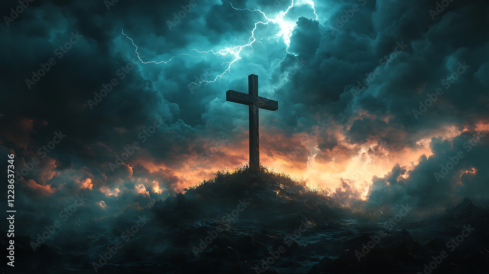 Fototapeta premium The cross on a desolate hilltop, vividly illuminated by a lightning strike, dark storm clouds swirling around, the scene filled with tension and power, cinematic composition,