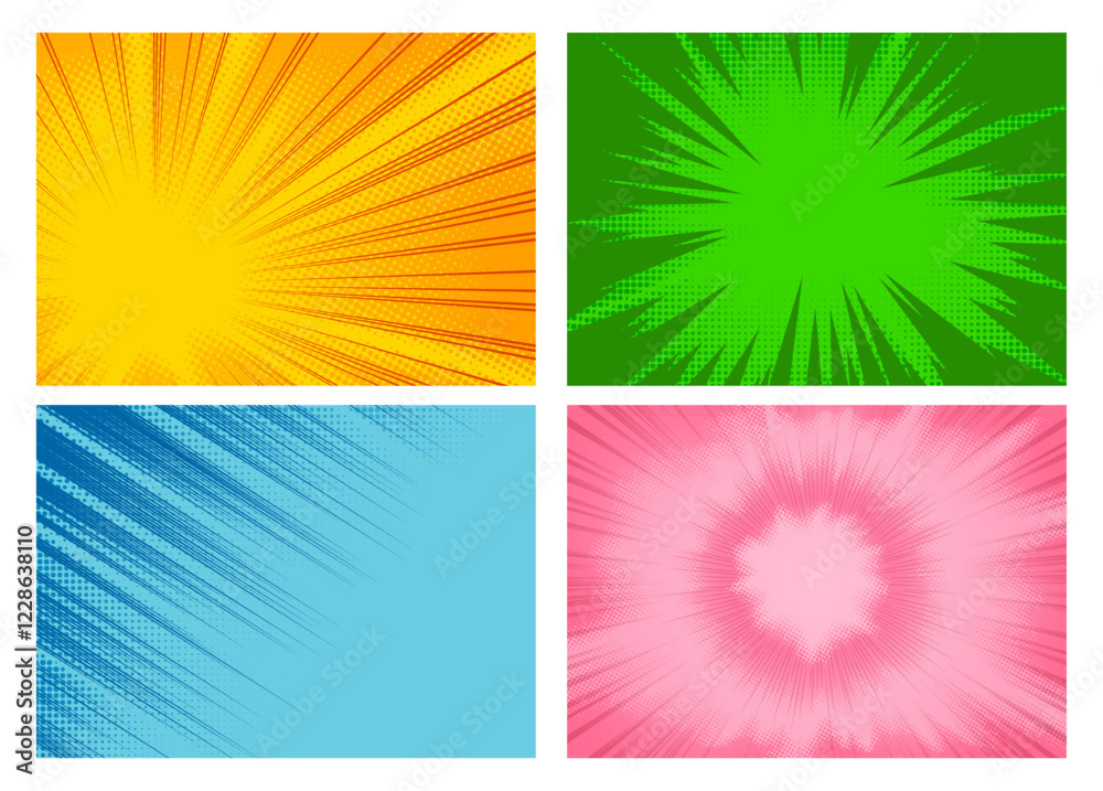 Obraz premium Radial speed lines for comic book colorful vector backgrounds set, Manga or anime frame, zoom and motion striped effects