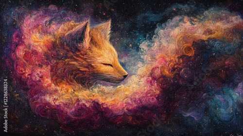 Serene fox dreams cosmically vibrant nebula swirls. AI Generated photo