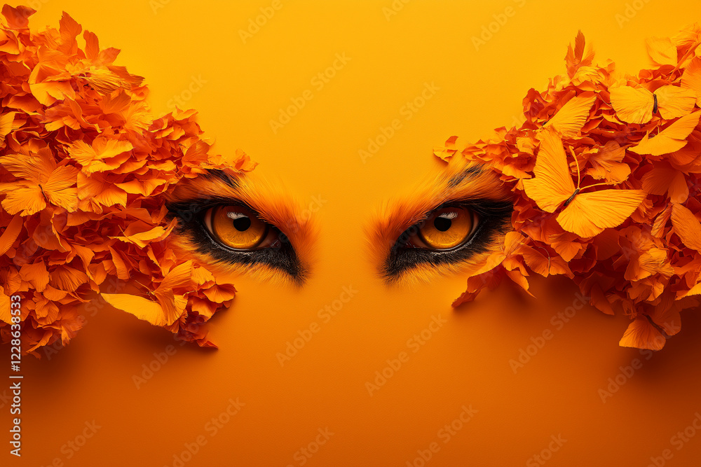 Fototapeta premium striking portrait featuring intense orange eyes surrounded by vibrant orange butterflies and flowers, creating captivating and surreal visual experience