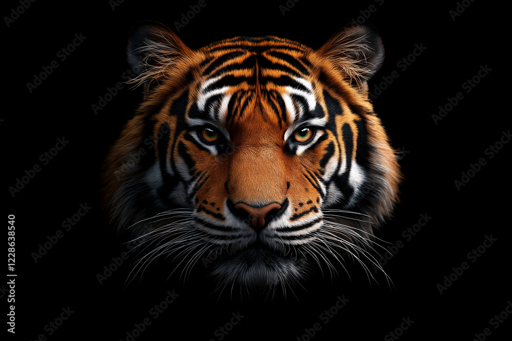 hyper realistic tiger face with striking orange and black stripes, set against black background, exuding fierce and captivating presence hyper realistic tiger face with striking orange and black stripes, set against black background, exuding fierce and captivating presence