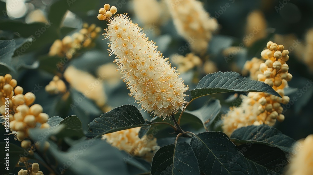 Fototapeta premium Yellow bottlebrush flowers blooming on bush in garden, blurred background