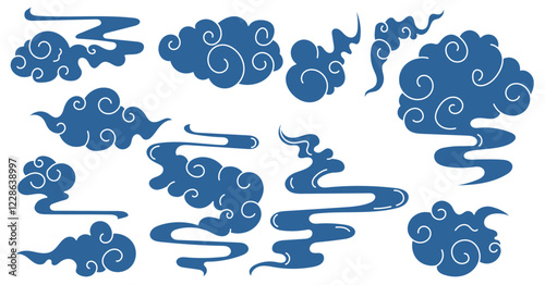 Set of Japanese or chinese clouds style, traditional ornament, blue decorative clouds