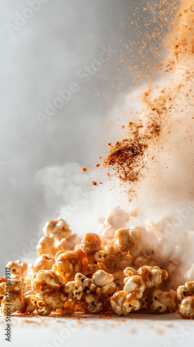 Close-up of spicy popcorn exploding with flavor in a dramatic scatter, perfect for snack enthusiasts and food lovers. photo