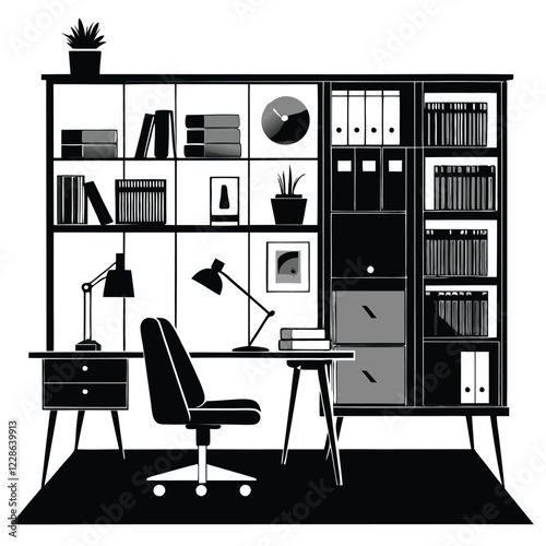 Computer and study desk room silhouette vector illustration isolated on a white background