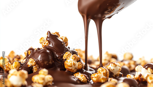 Delicious chocolate drizzling over caramel popcorn, creating a tempting sweet treat for snack lovers. photo