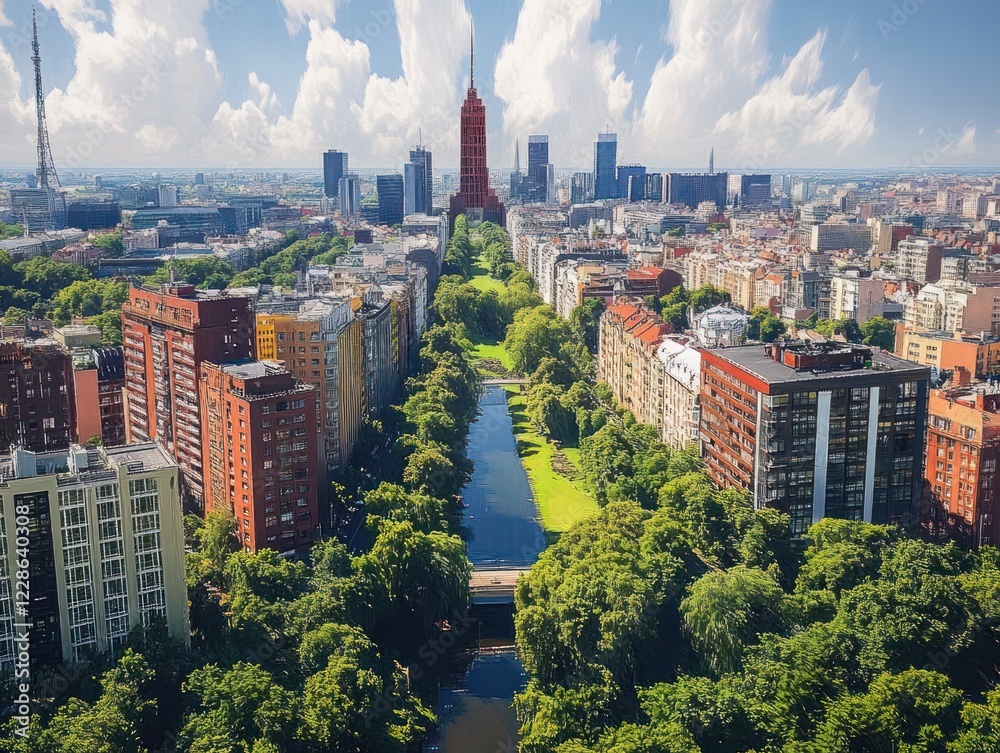 Obraz premium Aerial View of Modern Wrocław Cityscape with Vibrant Buildings Parks and Bridges