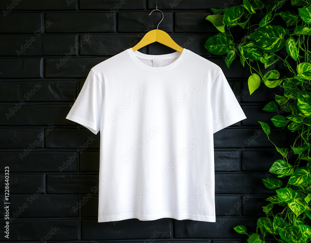 plain white t shirt hanging on wooden hanger against black brick wall, surrounded by green foliage, creating fresh and modern aesthetic plain white t shirt hanging on wooden hanger against black brick wall, surrounded by green foliage, creating fresh and modern aesthetic