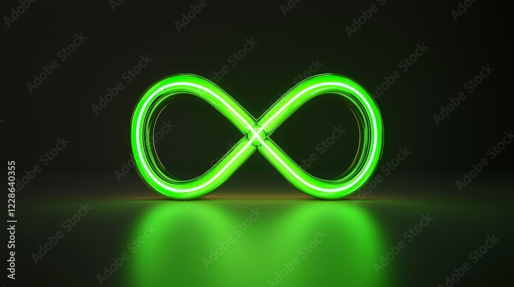 Green Neon Infinity Symbol on Dark Background with Reflections Green Neon Infinity Symbol on Dark Background with Reflections