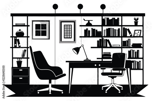 Computer and study desk room silhouette vector illustration isolated on a white background