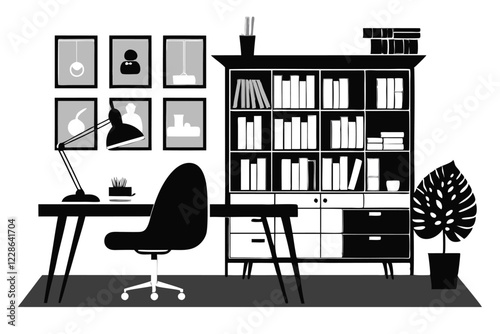 Computer and study desk room silhouette vector illustration