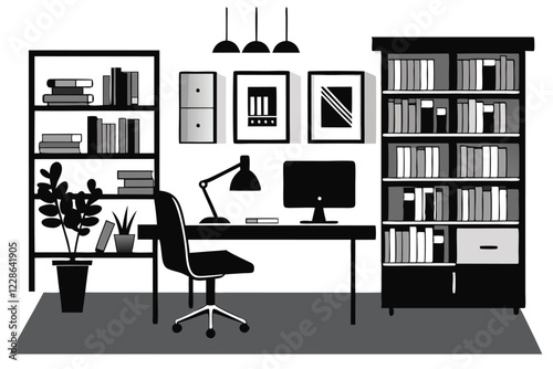 Computer and study desk room silhouette vector illustration