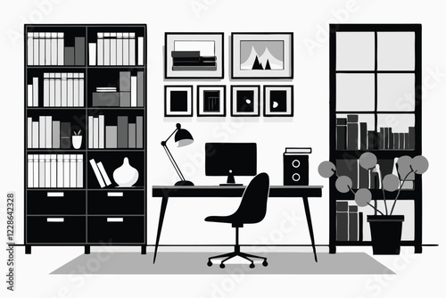 Computer and study desk room silhouette vector illustration