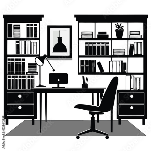 Computer and study desk room silhouette vector illustration