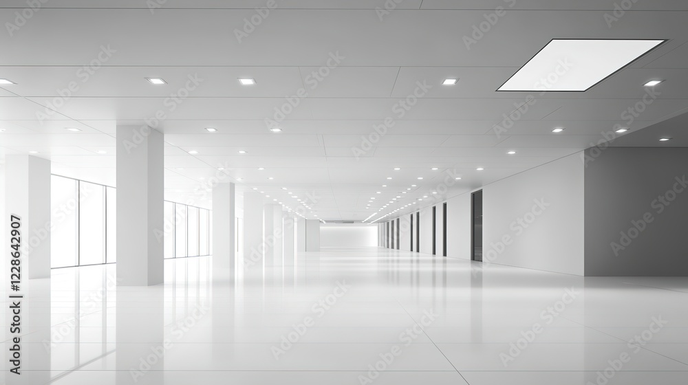 Fototapeta premium Futuristic Perspective View of an Empty Space with Hidden Lighting: Modern Background Design with a White Floor and Ceiling, Evoking a Sense of Future Technology for Showrooms