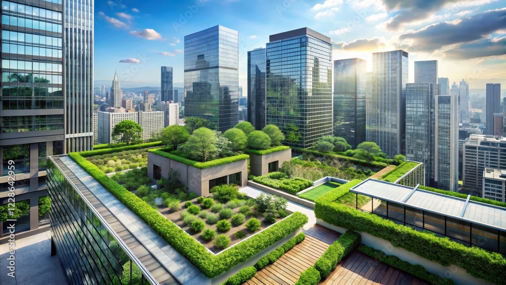 Obraz premium Modern skyscraper's rooftop garden with lush greenery and urban cityscape , urban, garden, urban