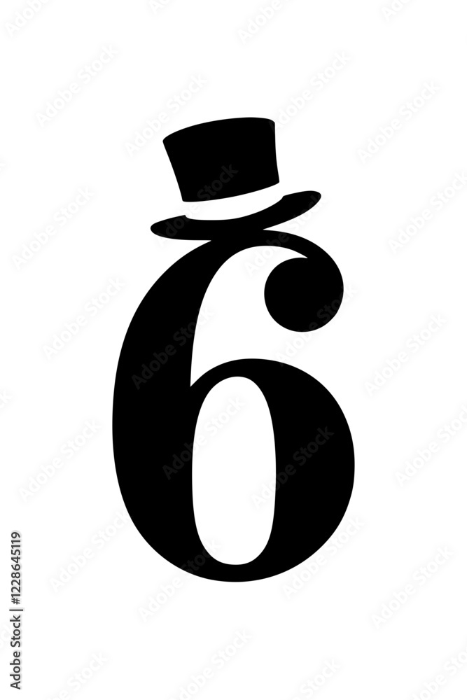 Obraz premium Stylized black and white typography featuring the number 6 adorned with a classic top hat, symbolizing sophistication, elegance, and vintage charm. 