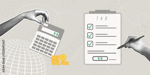 Fancy halftone collage. Tax concept, tax optimization, tax optimization, tax reduction or refund strategy, revenue management,tax planning. Analysis of tax document.