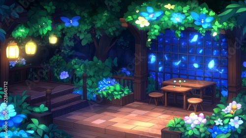 Enchanted Garden Patio Night Scene with Illuminated Flowers