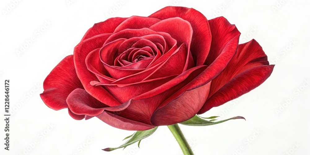 A single, deep red rose blossom isolated on a bright white background, showcasing its velvety petals and elegant stem. A single, deep red rose blossom isolated on a bright white background, showcasing its velvety petals and elegant stem.