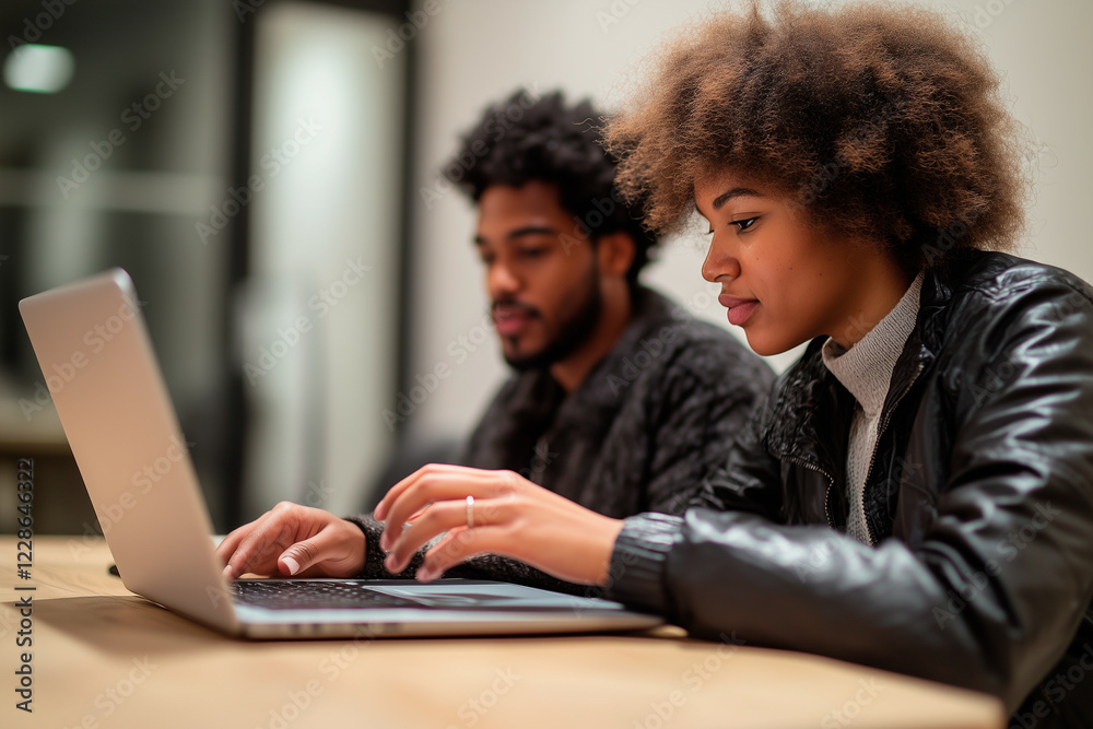 Two colleagues working together on a laptop at a desk Two colleagues working together on a laptop at a desk