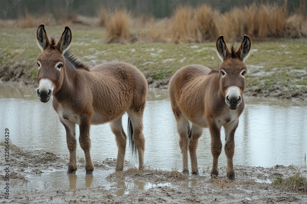Cute Pair of Mini Donkeys by Water on Texas Farm in Winter Cute Pair of Mini Donkeys by Water on Texas Farm in Winter