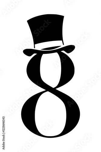 A black and white artistic representation of the number 8 wearing a top hat, symbolizing sophistication, style, and creative typography.  
