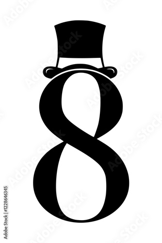 A black and white artistic representation of the number 8 wearing a top hat, symbolizing sophistication, style, and creative typography.  
