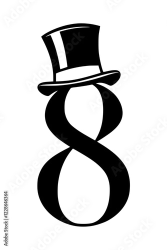 A black and white artistic representation of the number 8 wearing a top hat, symbolizing sophistication, style, and creative typography.  
