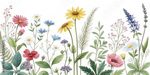 Wallpaper Mural A Delightful Arrangement of Wildflowers and Grasses, a Botanical Illustration Featuring a Variety of Blooms in Vibrant Hues Torontodigital.ca