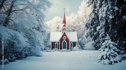 Snowy winter chapel, forest, sunlight, postcard photo