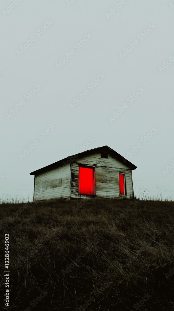 An abandoned house in field, red lights inside, exterior at dusk An abandoned house in field, red lights inside, exterior at dusk