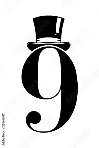 A black and white artistic illustration of the number 9 wearing a classic top hat, representing sophistication, style, and decorative typography.  
