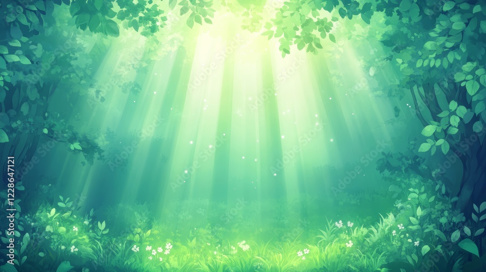 Fototapeta premium EnchantedForestSunlightMysticalGreenWoodsScene