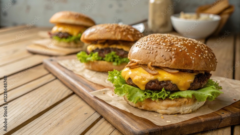 Three Juicy Cheeseburgers on Wooden Board with Sesame Seed Buns Three Juicy Cheeseburgers on Wooden Board with Sesame Seed Buns