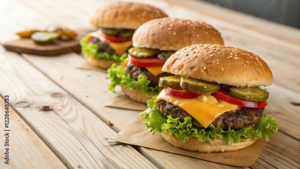 Three Juicy Cheeseburgers on Rustic Wooden Table with Pickles Three Juicy Cheeseburgers on Rustic Wooden Table with Pickles