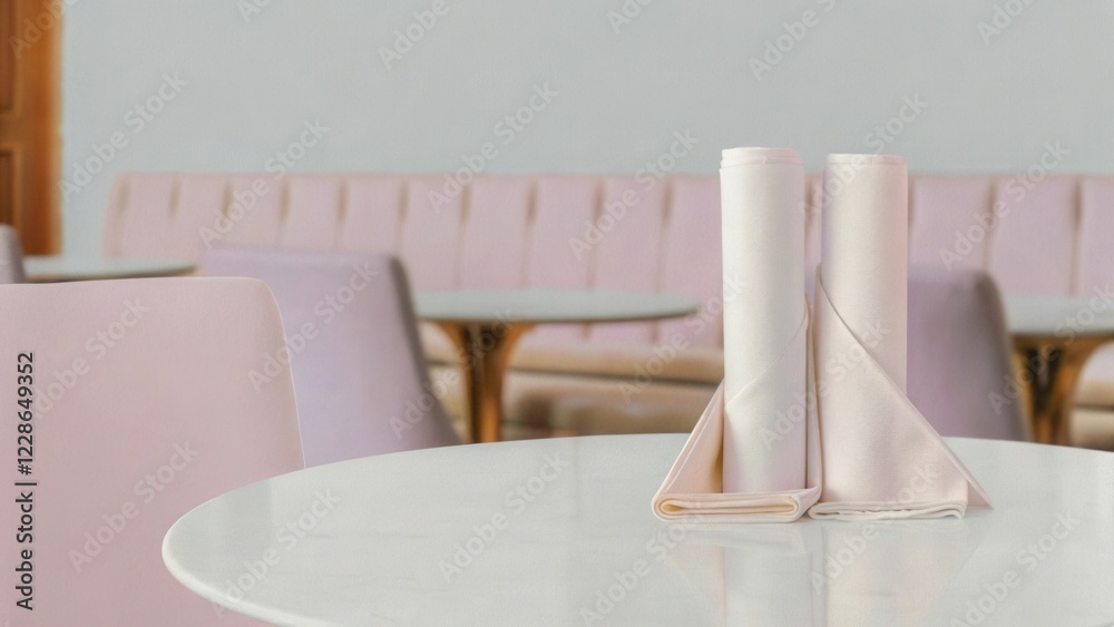 Two neatly folded cloth napkins on a pristine white table in a softly lit restaurant Two neatly folded cloth napkins on a pristine white table in a softly lit restaurant