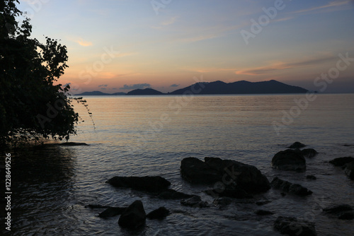 Small islands at sunset, view from Bangbao, Ko Chang, Thailand.